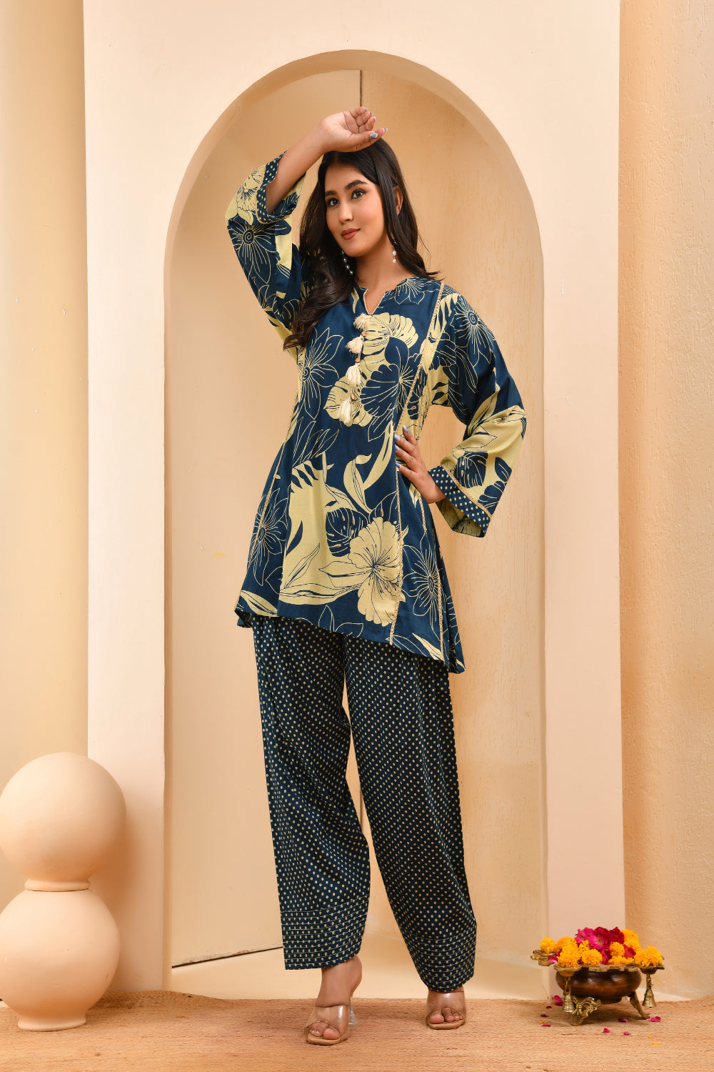 Vaasva Women Cobalt Blue Cotton Cord Set With Fashi Pant | Grocsy