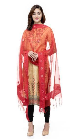 A R Silk Women's Orgenza Cotton Gota Work Red Fancy Dupatta | Grocsy