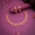 Tehzeeb Creations Rose Gold-Polished Pink Choker Necklace With Dangle Earrings | Grocsy