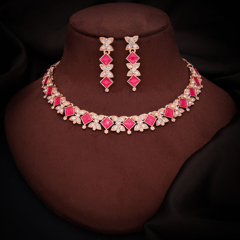 Tehzeeb Creations Rose Gold-Polished Pink Choker Necklace With Dangle Earrings | Grocsy