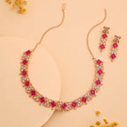 Tehzeeb Creations Rose Gold-Polished Pink Choker Necklace With Dangle Earrings | Grocsy