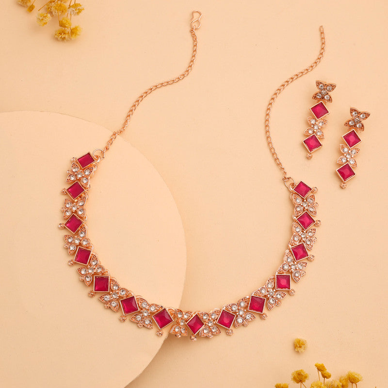 Tehzeeb Creations Rose Gold-Polished Pink Choker Necklace With Dangle Earrings | Grocsy