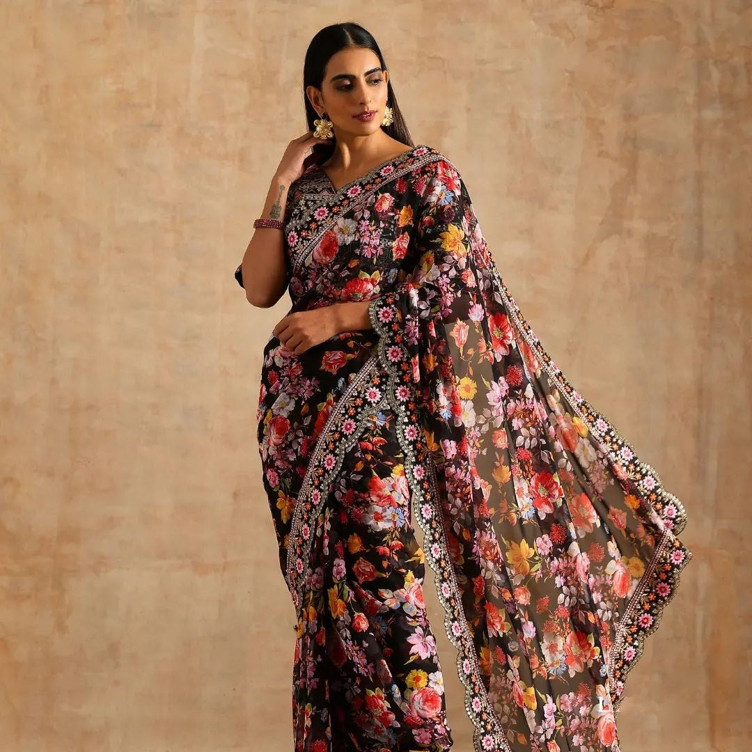 Teeya Creation Black Color Georgette Embroidery Work Saree | Grocsy