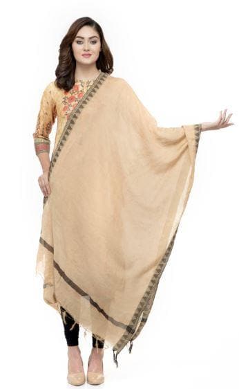 A R Silk Women's Cotton Self Design Golden Regular Dupatta with Black Border | Grocsy