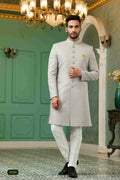 Raivat Ethnic Mens Jacquard Silk Embroidery Work Sherwani In Grey Colour | Grocsy