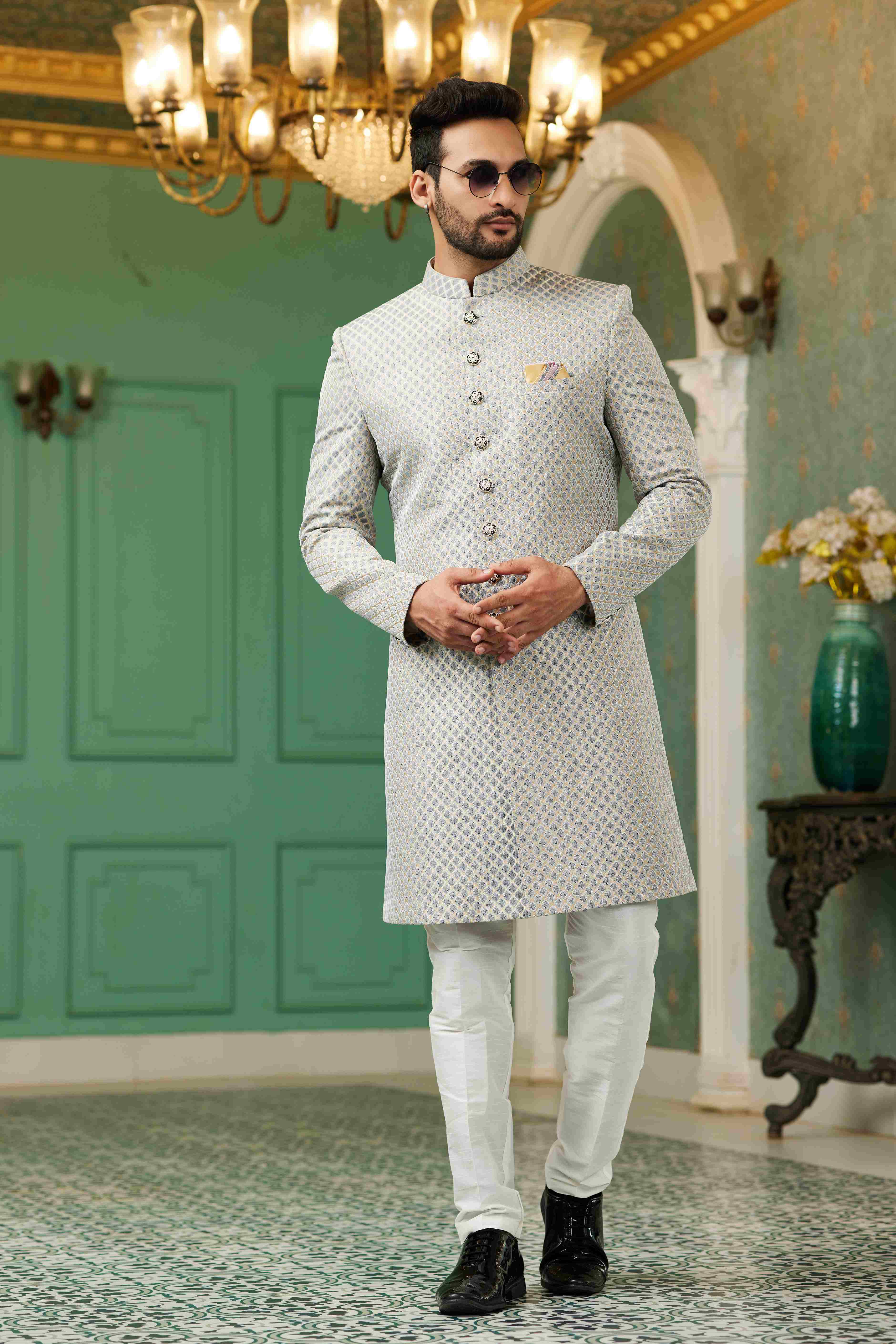 Raivat Ethnic Mens Jacquard Silk Embroidery Work Sherwani In Grey Colour | Grocsy