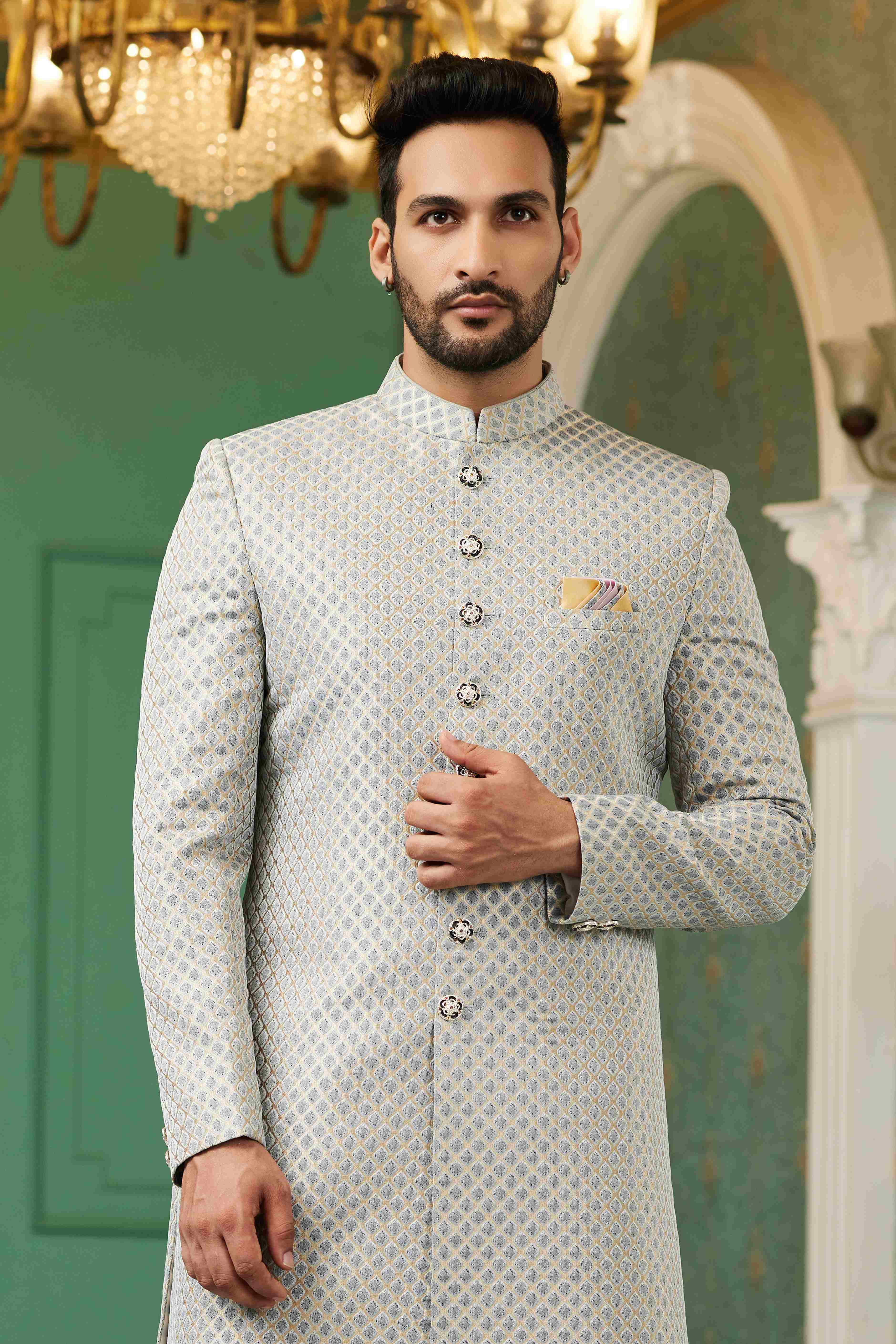 Raivat Ethnic Mens Jacquard Silk Embroidery Work Sherwani In Grey Colour | Grocsy