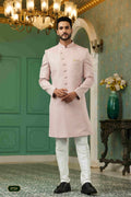 Raivat Ethnic Mens Jacquard Silk Embroidery Work Sherwani In Onion Pink Colour | Grocsy