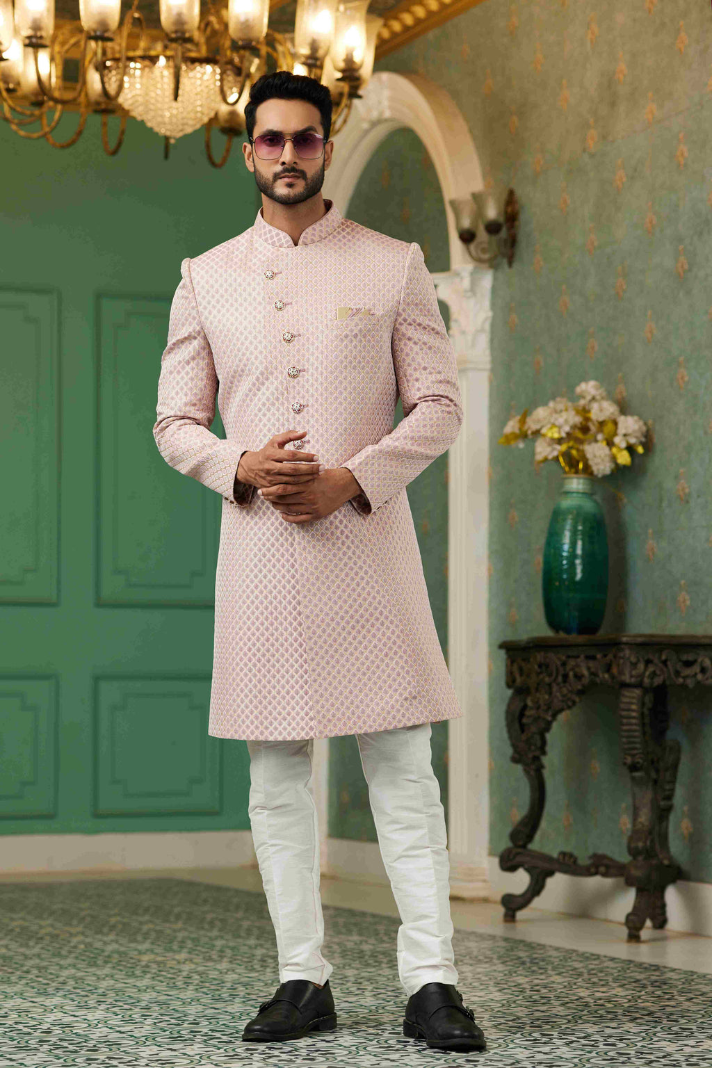 Raivat Ethnic Mens Jacquard Silk Embroidery Work Sherwani In Onion Pink Colour | Grocsy