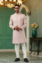 Raivat Ethnic Mens Jacquard Silk Embroidery Work Sherwani In Onion Pink Colour | Grocsy