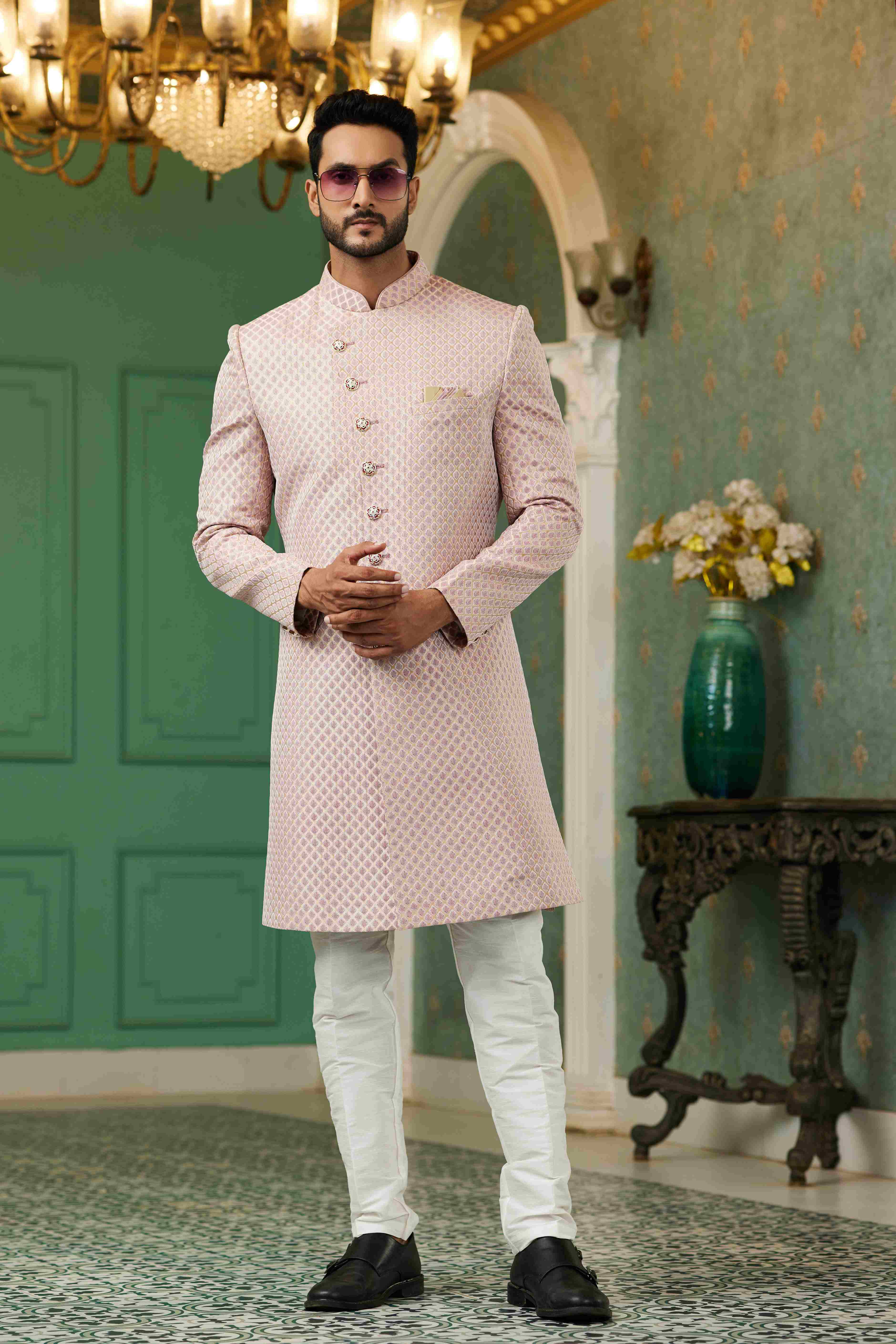 Raivat Ethnic Mens Jacquard Silk Embroidery Work Sherwani In Onion Pink Colour | Grocsy