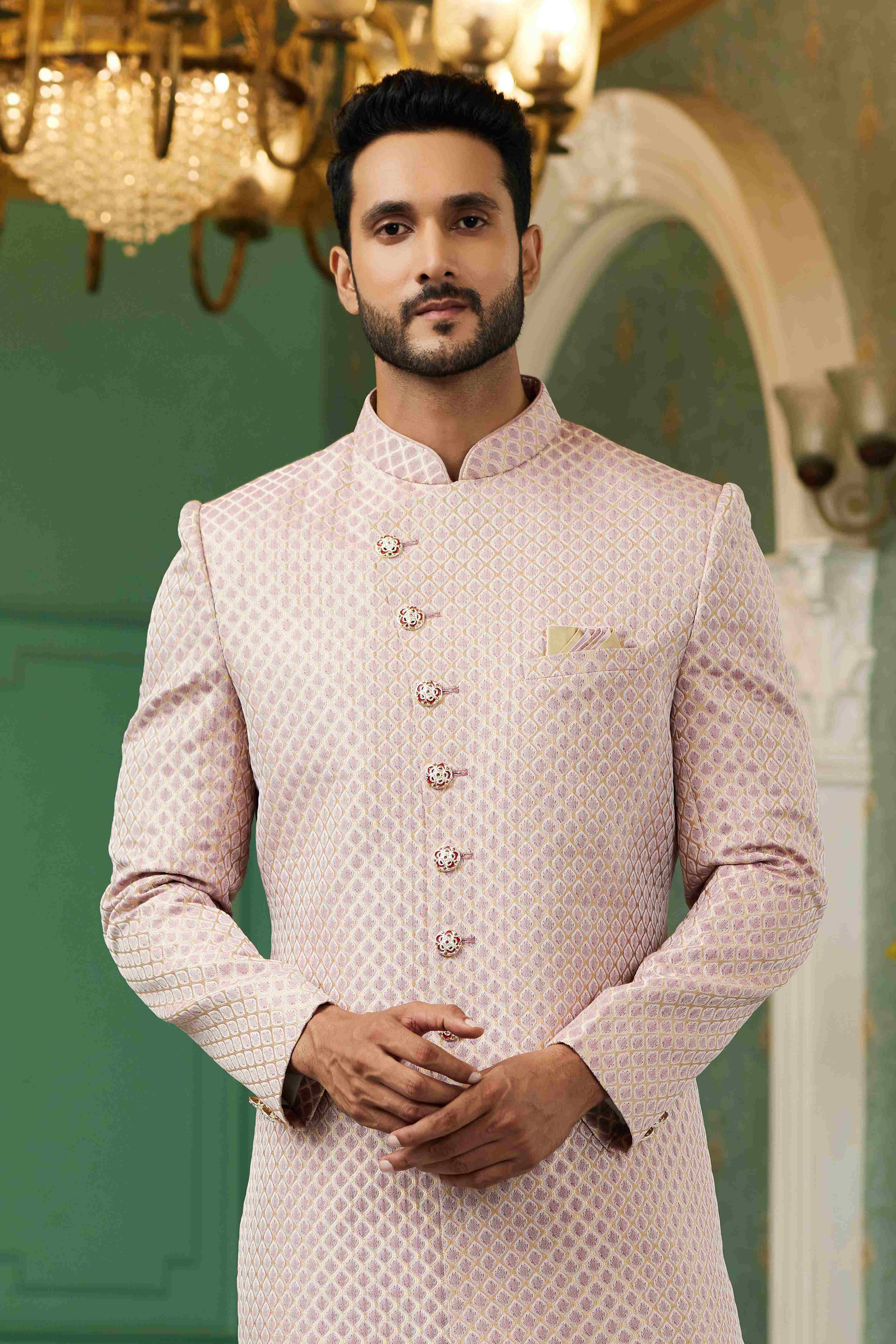 Raivat Ethnic Mens Jacquard Silk Embroidery Work Sherwani In Onion Pink Colour | Grocsy