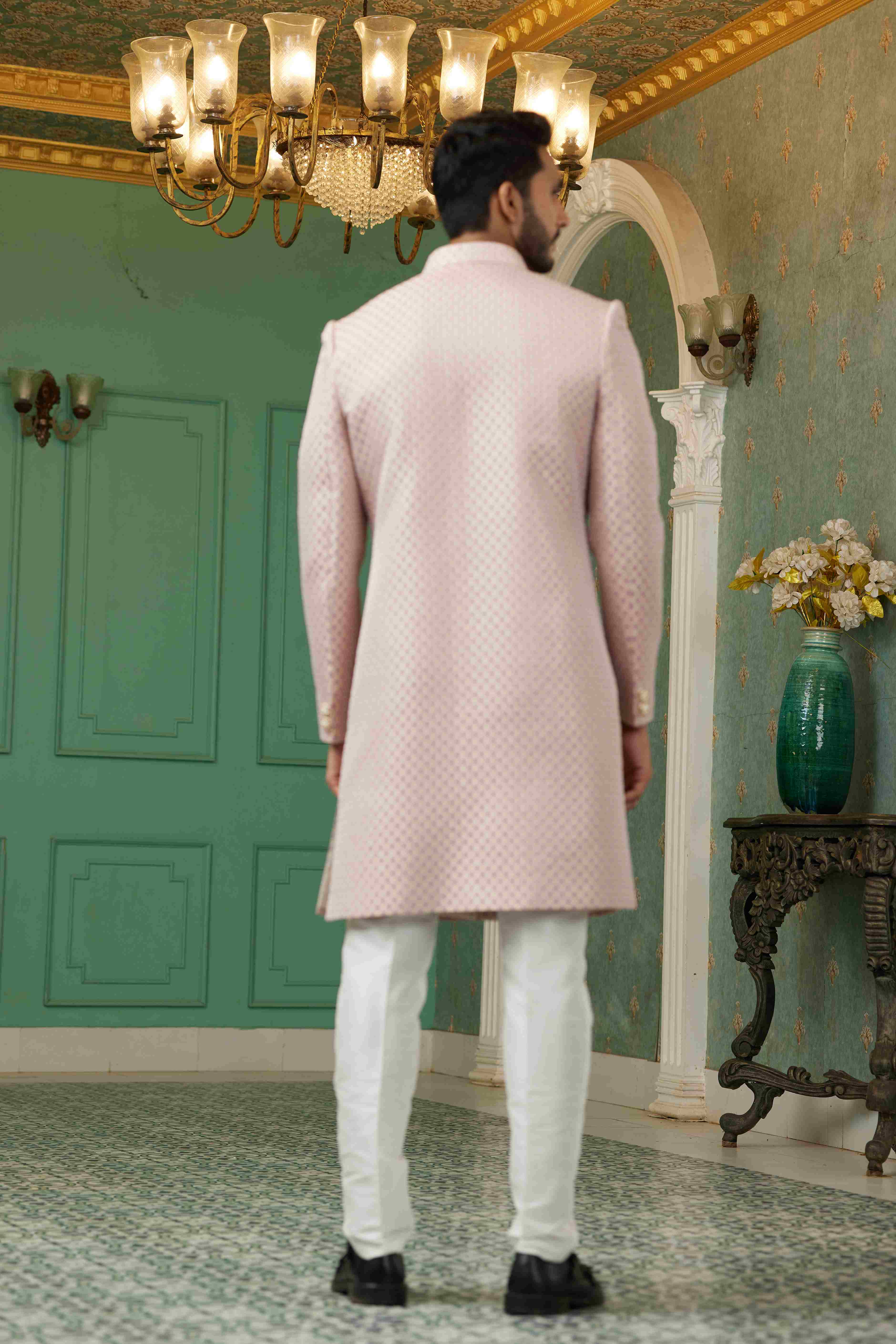 Raivat Ethnic Mens Jacquard Silk Embroidery Work Sherwani In Onion Pink Colour | Grocsy
