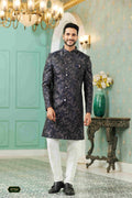 Raivat Ethnic Mens Jacquard Silk Embroidery Work Sherwani In Black Colour | Grocsy