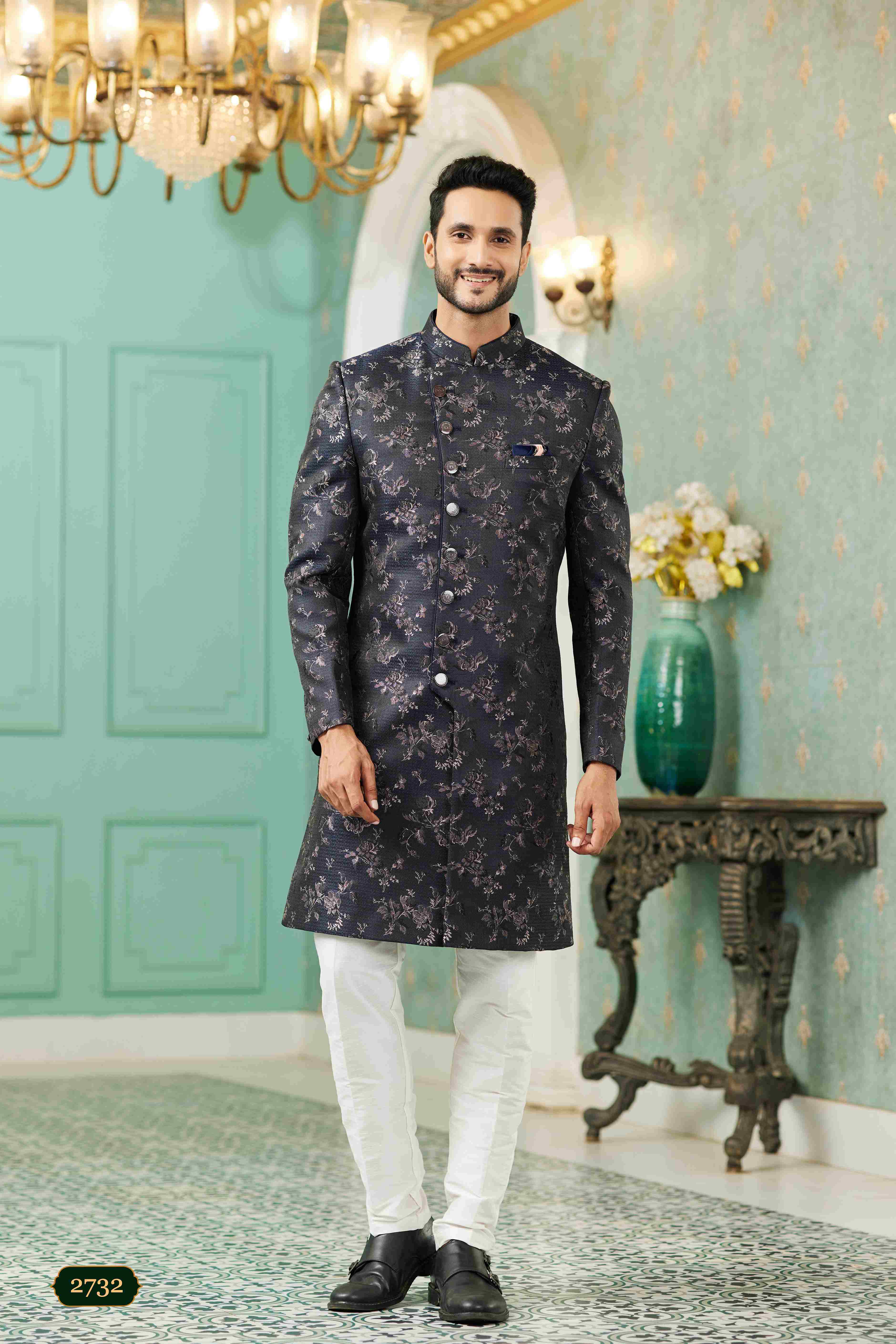 Raivat Ethnic Mens Jacquard Silk Embroidery Work Sherwani In Black Colour | Grocsy