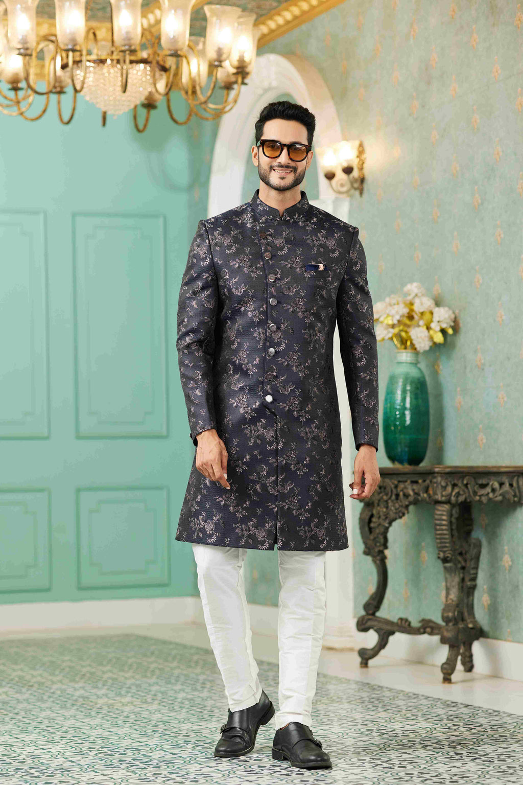 Raivat Ethnic Mens Jacquard Silk Embroidery Work Sherwani In Black Colour | Grocsy