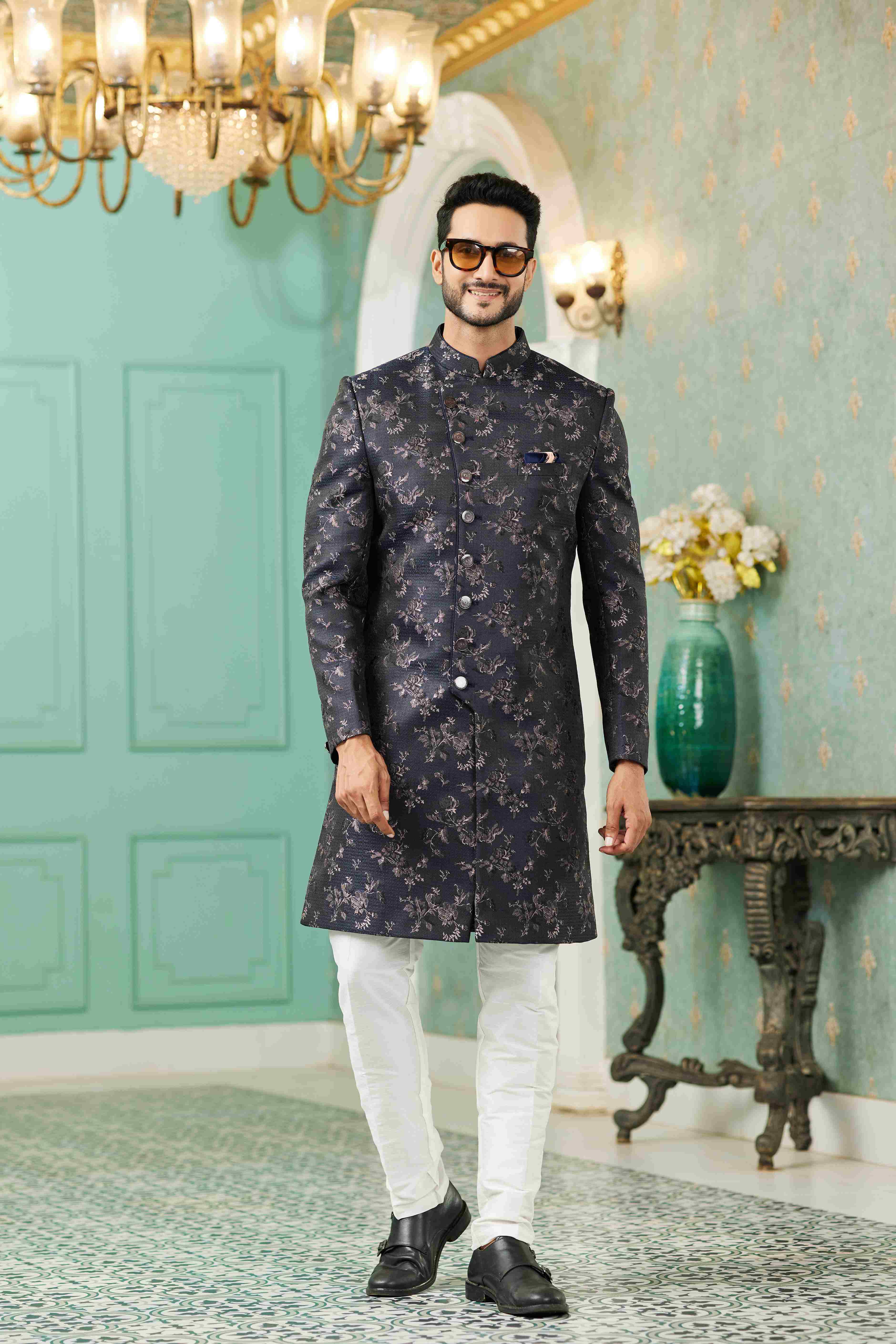 Raivat Ethnic Mens Jacquard Silk Embroidery Work Sherwani In Black Colour | Grocsy
