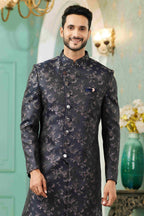 Raivat Ethnic Mens Jacquard Silk Embroidery Work Sherwani In Black Colour | Grocsy