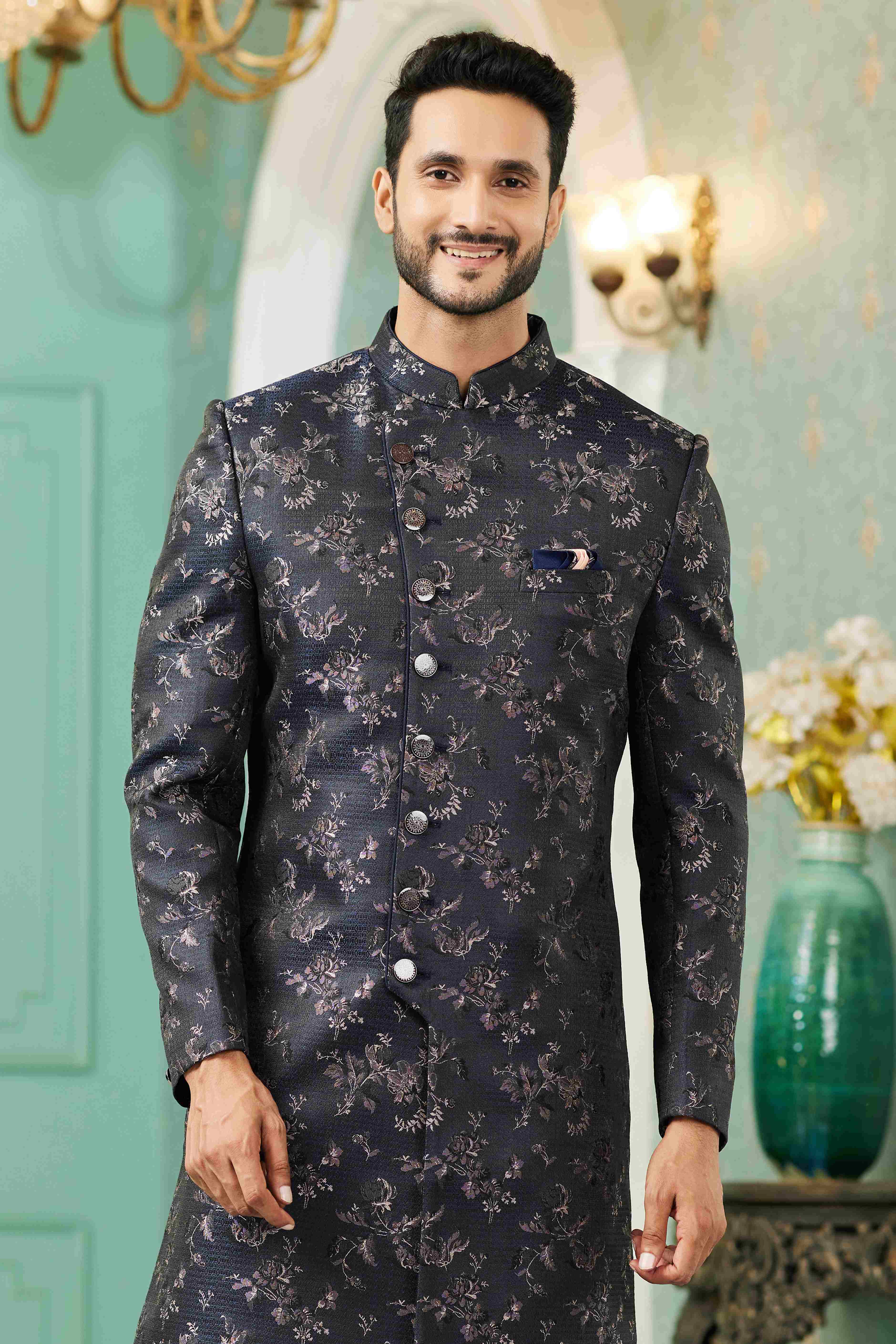 Raivat Ethnic Mens Jacquard Silk Embroidery Work Sherwani In Black Colour | Grocsy