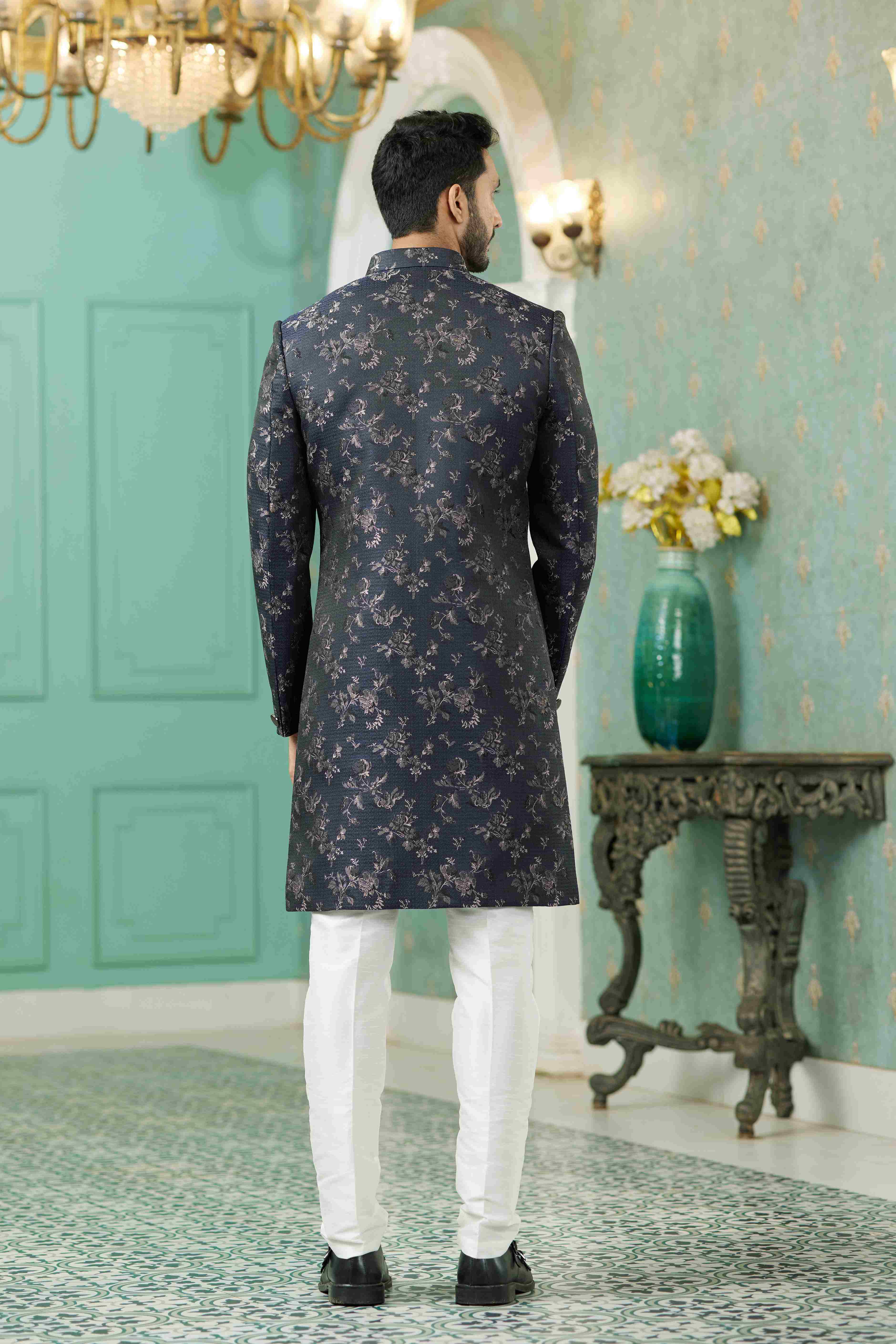 Raivat Ethnic Mens Jacquard Silk Embroidery Work Sherwani In Black Colour | Grocsy