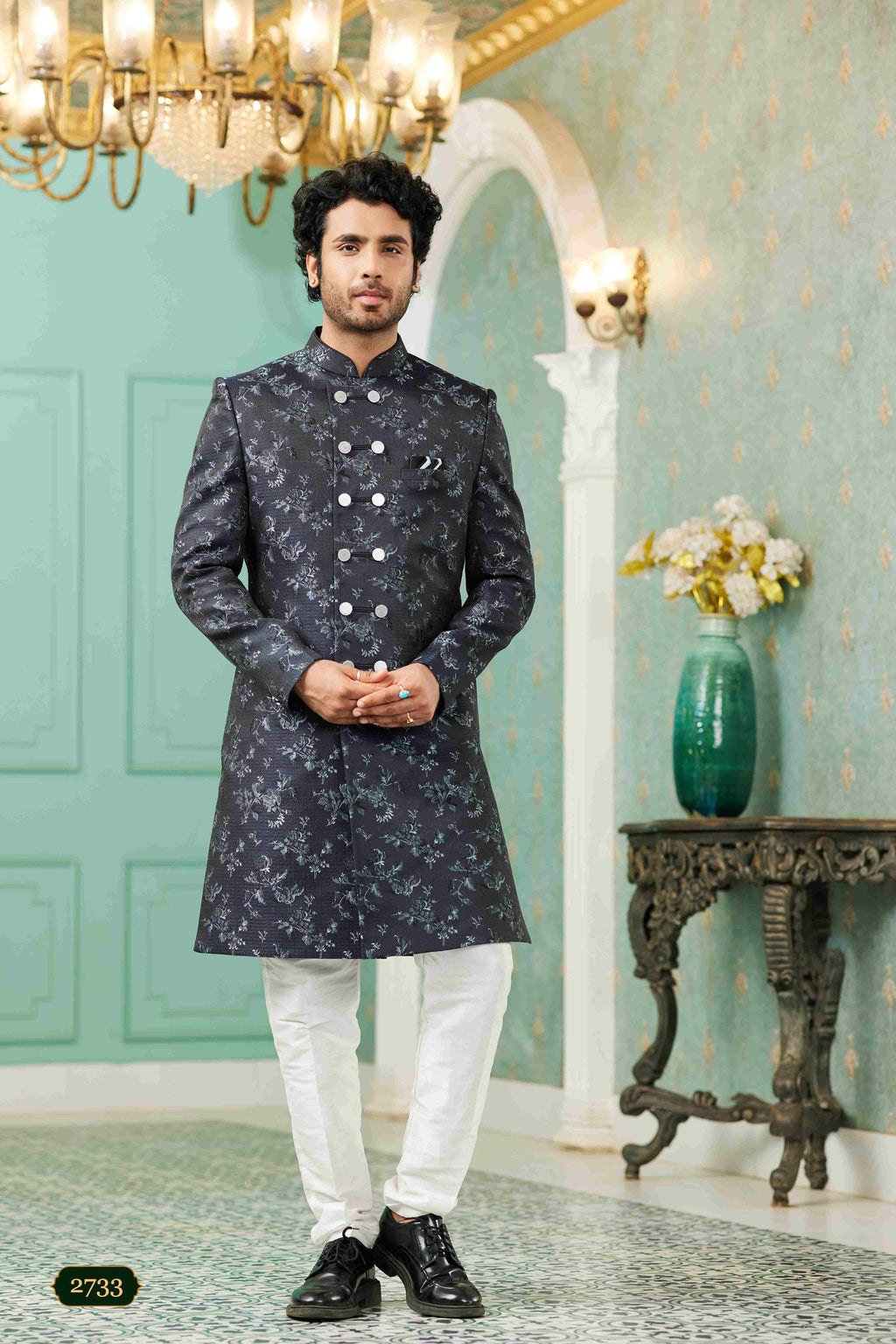 Raivat Ethnic Mens Jacquard Silk Embroidery Work Sherwani In Navy Blue Colour | Grocsy