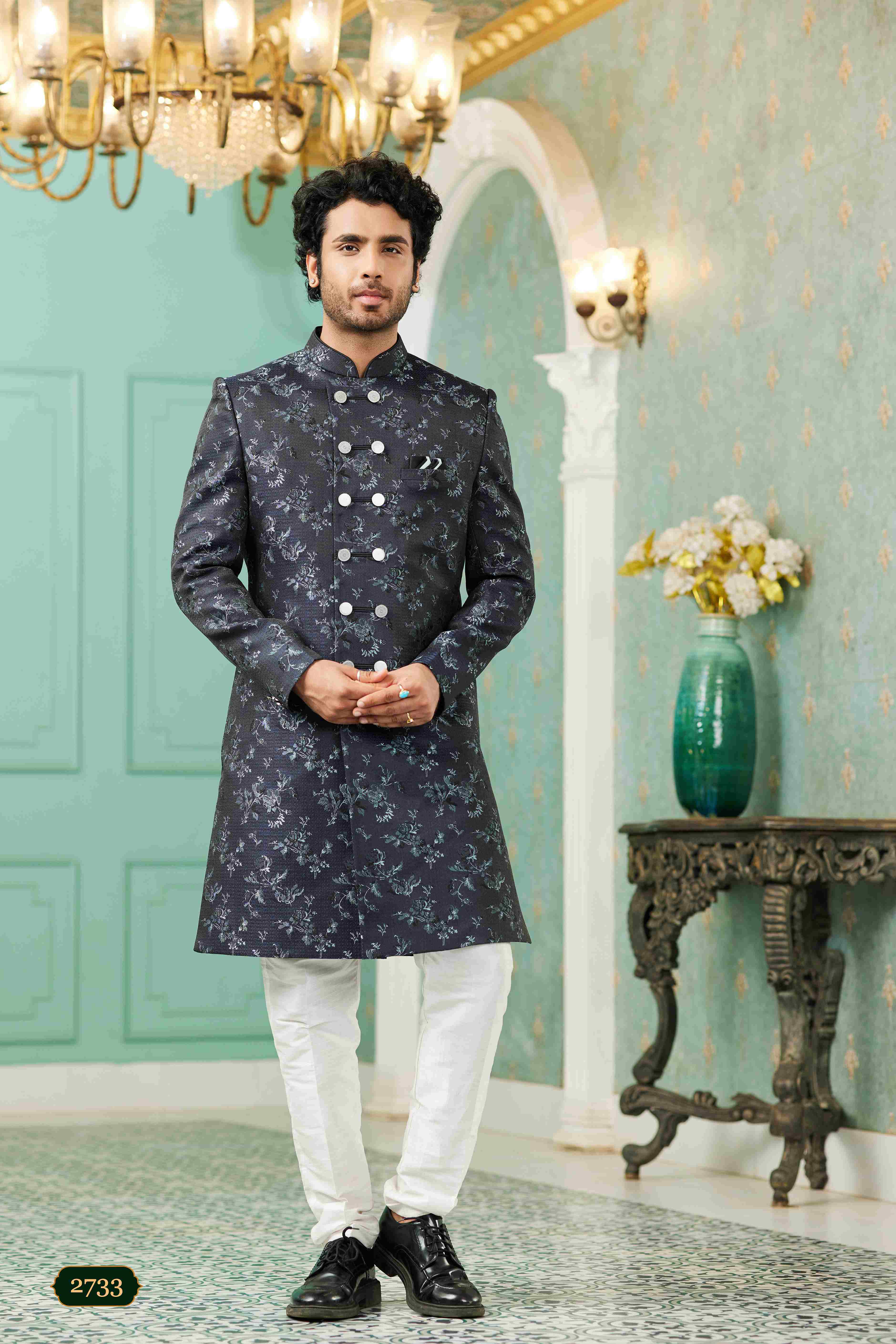 Raivat Ethnic Mens Jacquard Silk Embroidery Work Sherwani In Navy Blue Colour | Grocsy