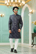 Raivat Ethnic Mens Jacquard Silk Embroidery Work Sherwani In Navy Blue Colour | Grocsy