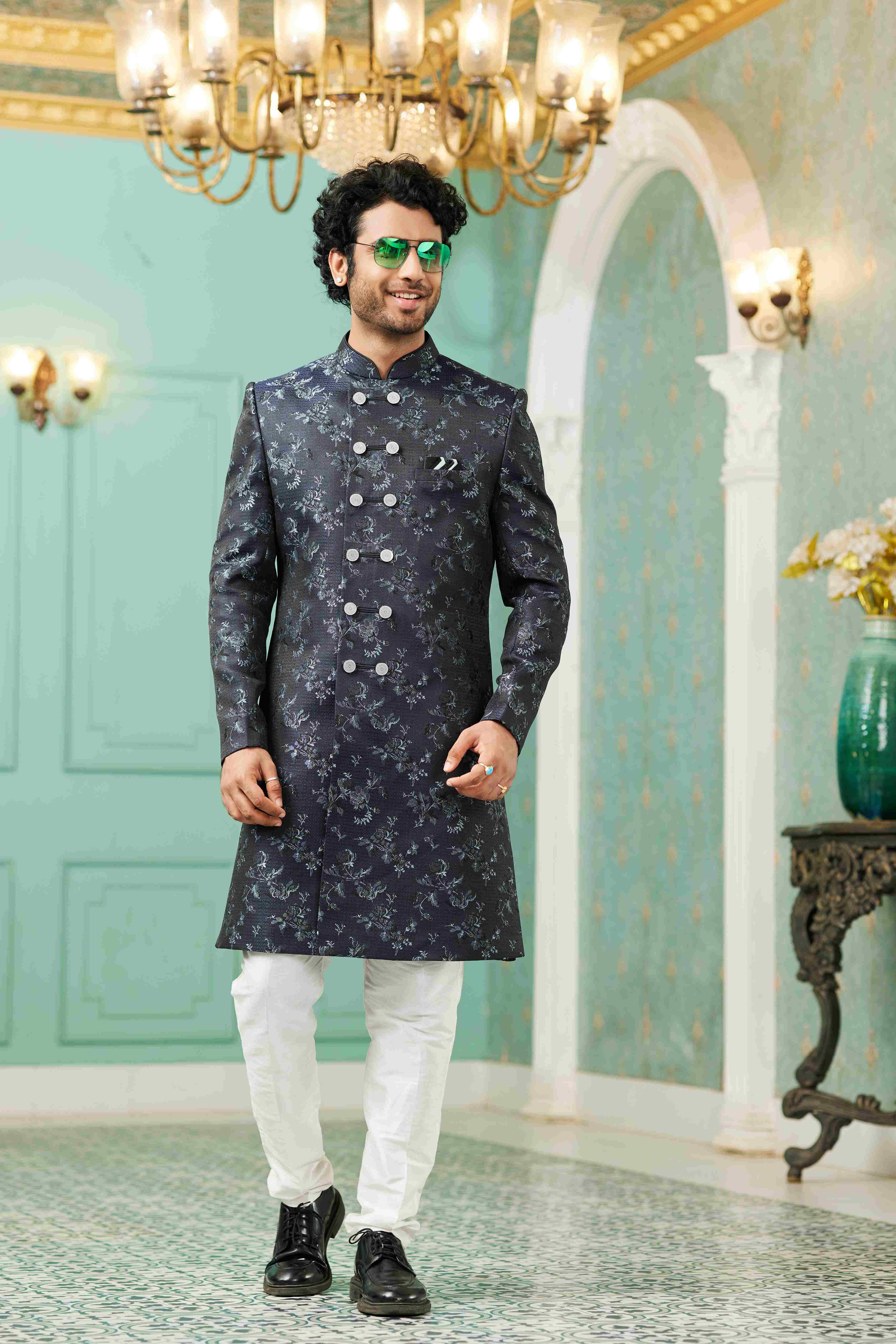 Raivat Ethnic Mens Jacquard Silk Embroidery Work Sherwani In Navy Blue Colour | Grocsy