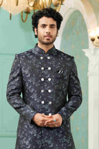 Raivat Ethnic Mens Jacquard Silk Embroidery Work Sherwani In Navy Blue Colour | Grocsy