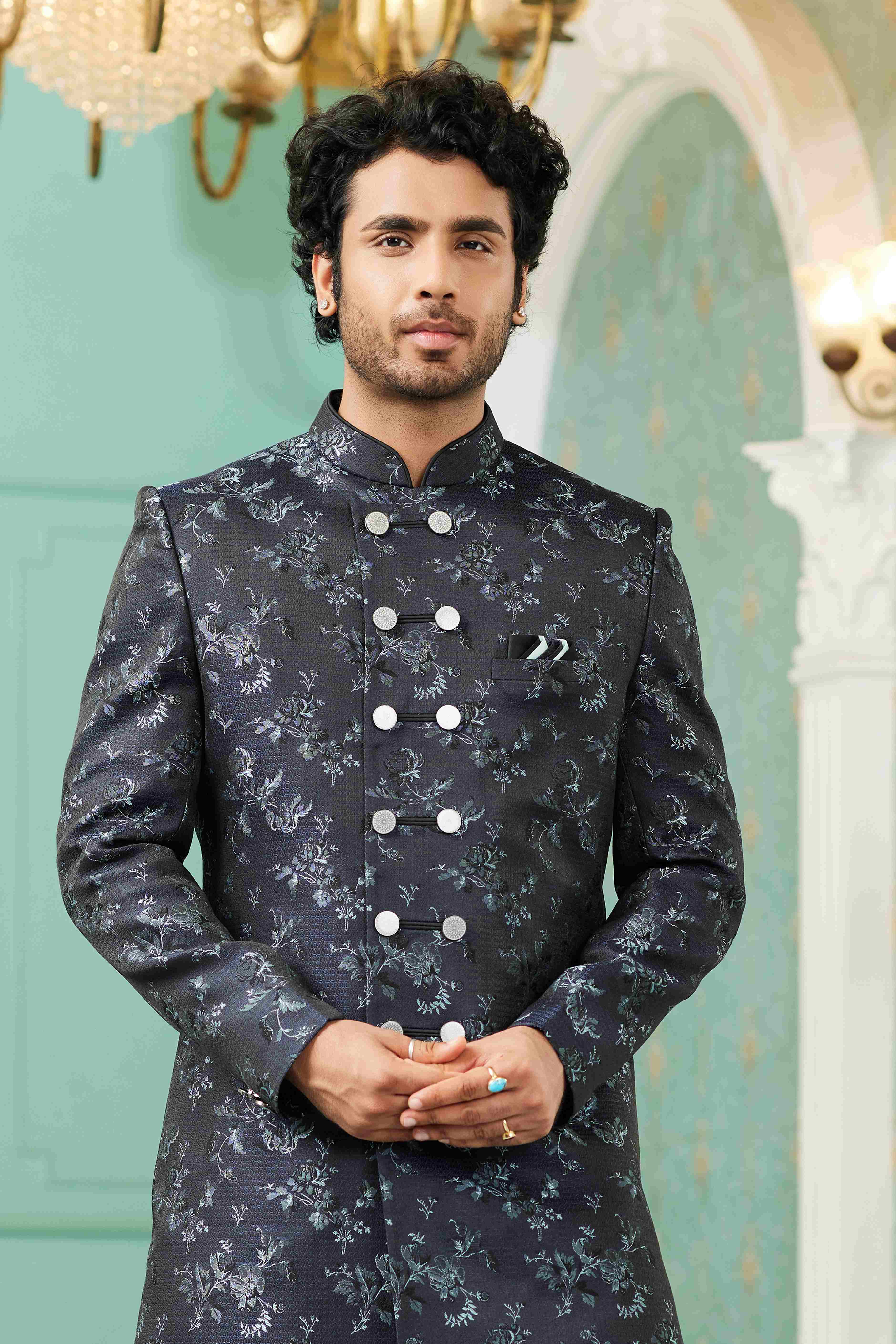 Raivat Ethnic Mens Jacquard Silk Embroidery Work Sherwani In Navy Blue Colour | Grocsy