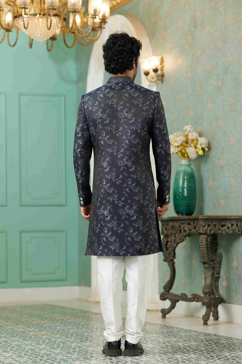 Raivat Ethnic Mens Jacquard Silk Embroidery Work Sherwani In Navy Blue Colour | Grocsy