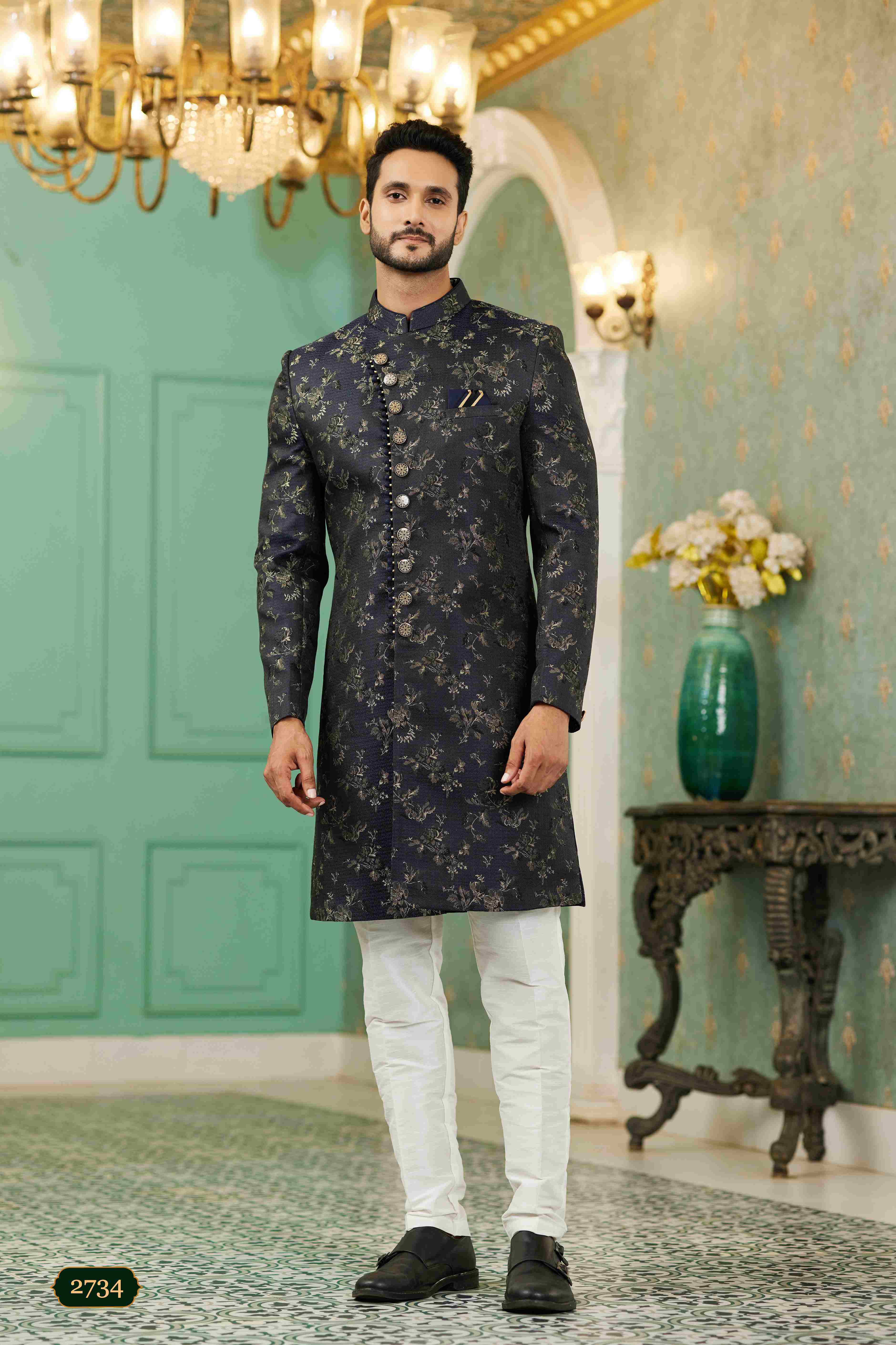 Raivat Ethnic Mens Jacquard Silk Embroidery Work Sherwani In Black Colour | Grocsy