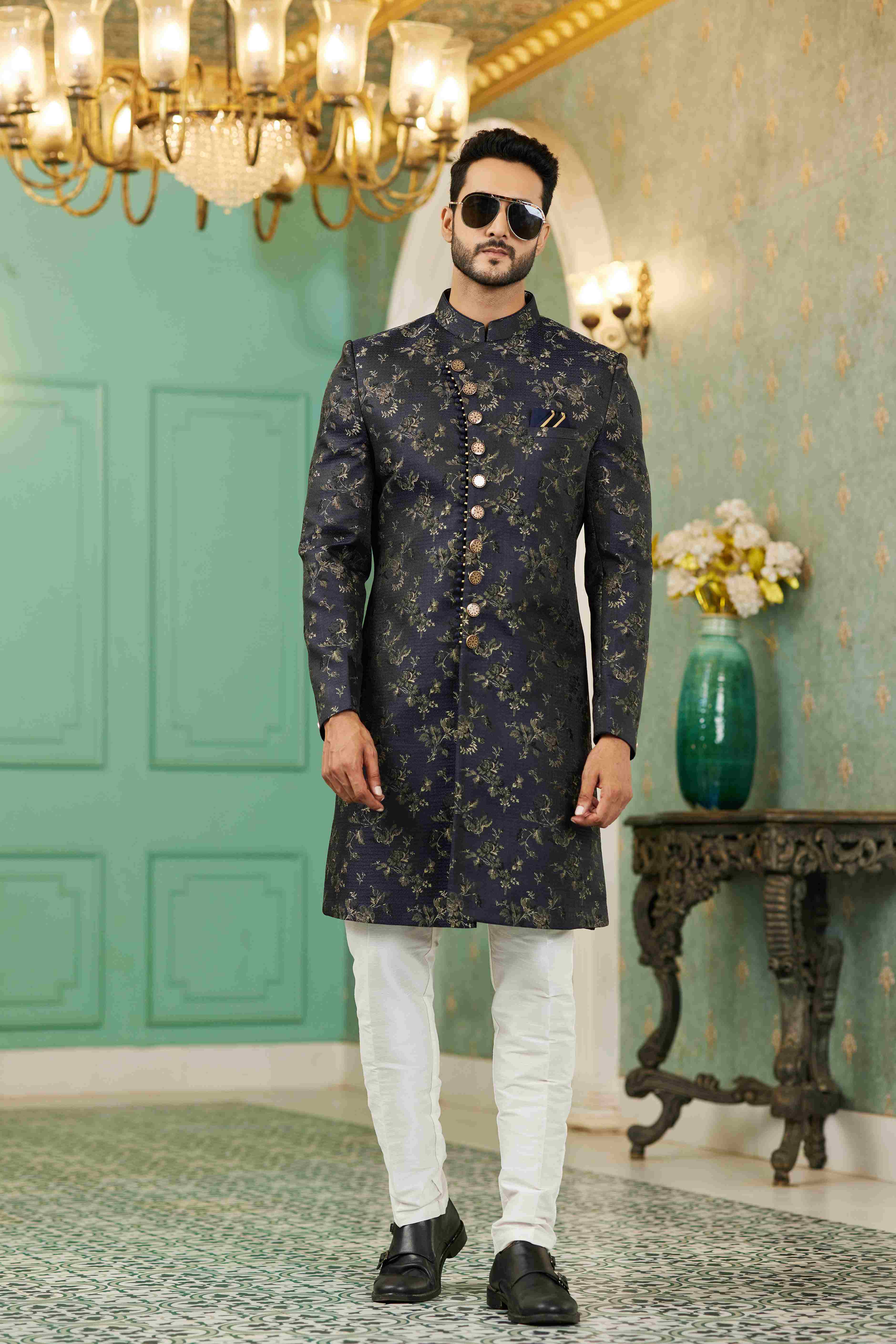 Raivat Ethnic Mens Jacquard Silk Embroidery Work Sherwani In Black Colour | Grocsy