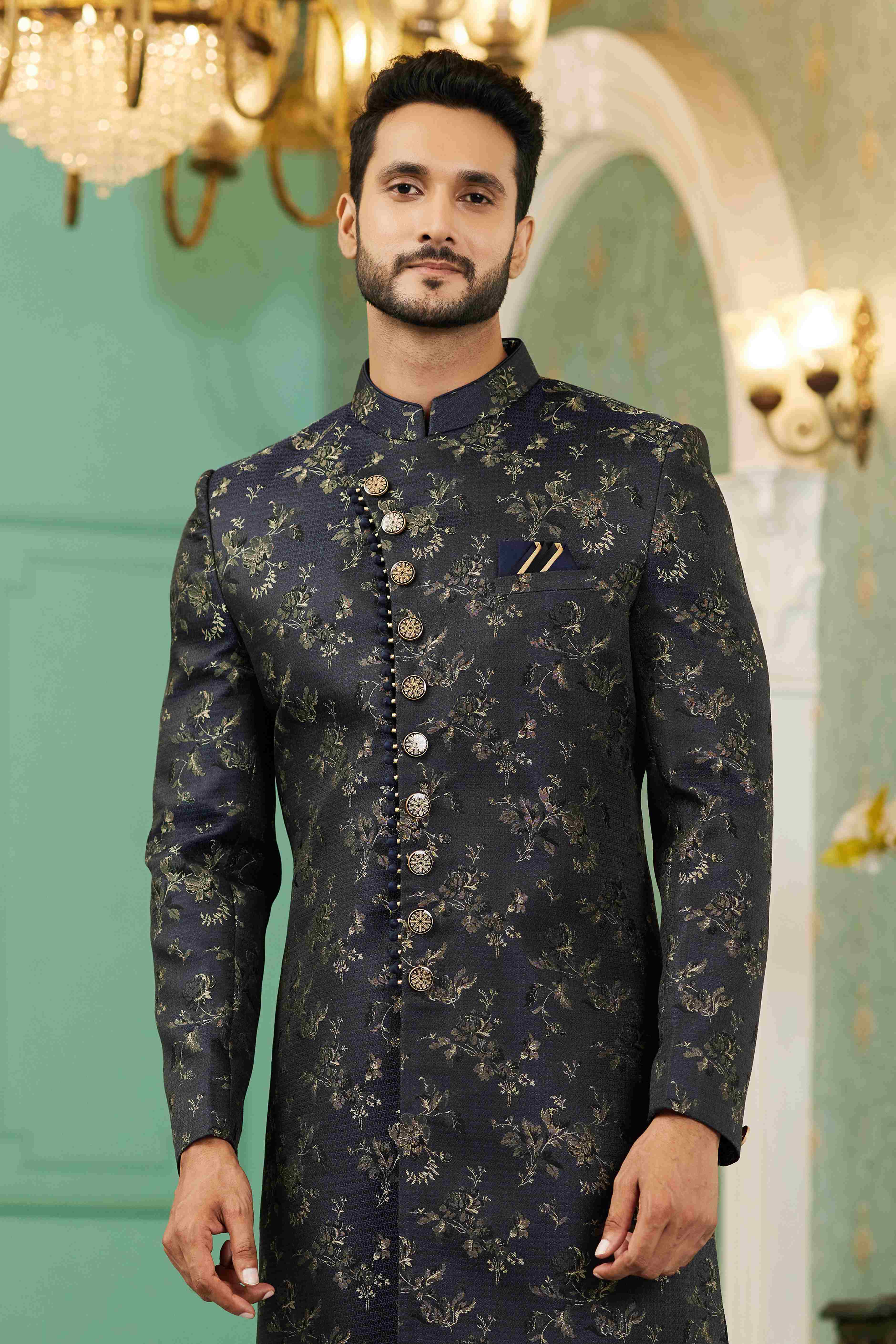 Raivat Ethnic Mens Jacquard Silk Embroidery Work Sherwani In Black Colour | Grocsy