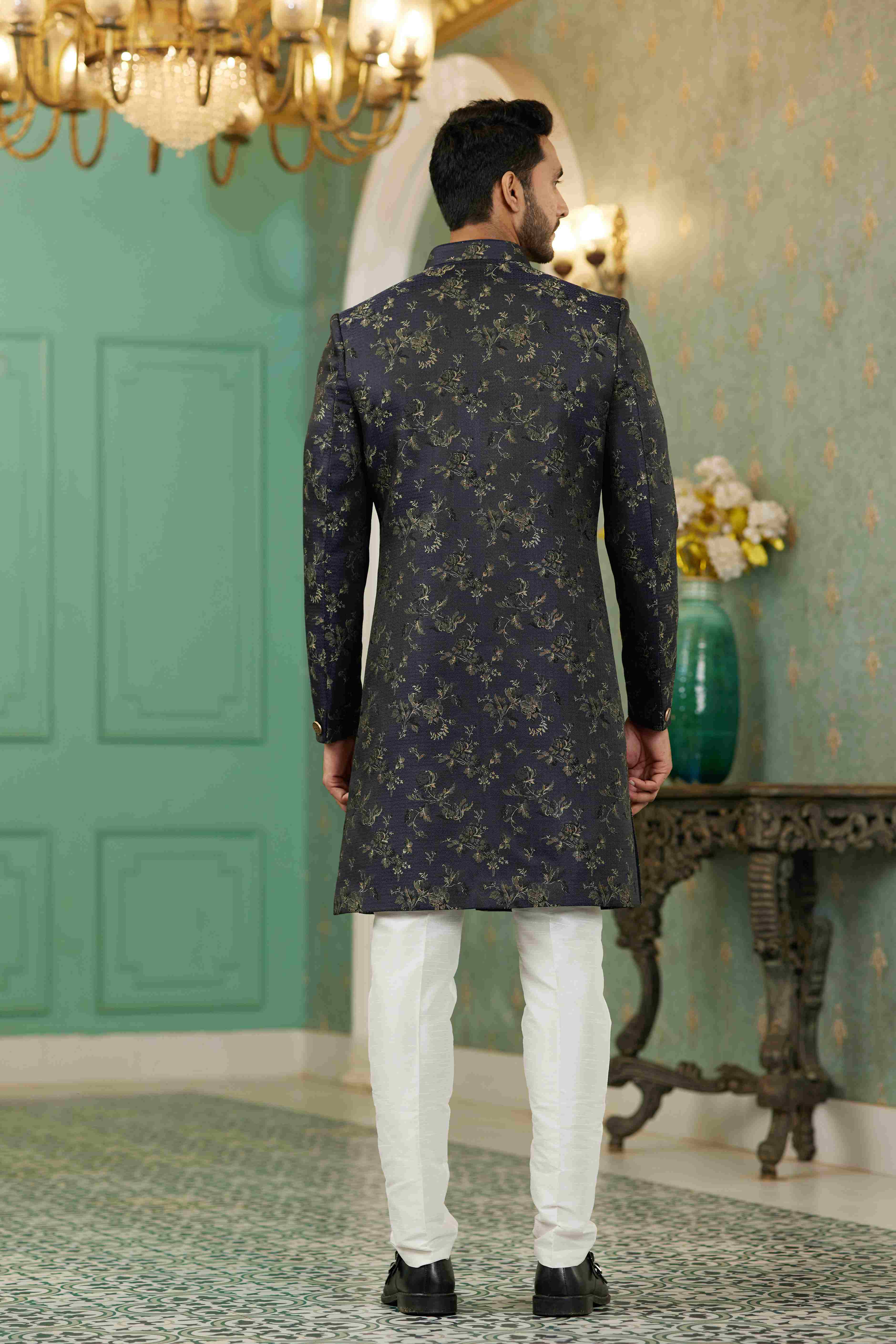 Raivat Ethnic Mens Jacquard Silk Embroidery Work Sherwani In Black Colour | Grocsy