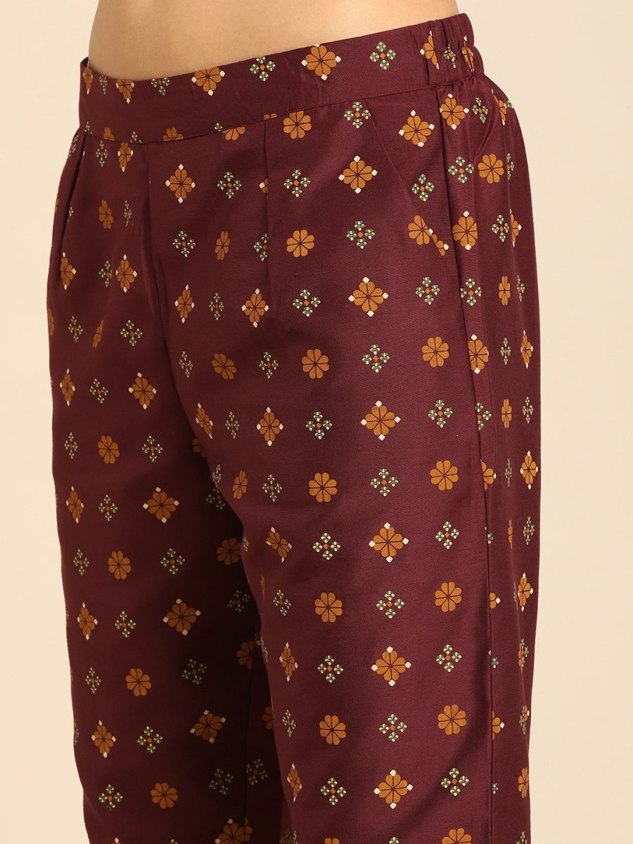All About You Women Maroon Floral Yoke Design Regular Kurta with Trousers | Grocsy