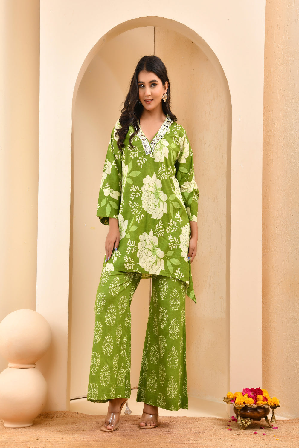 Vaasva Women Green Cotton Cord Set With Printed Pants | Grocsy
