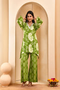 Vaasva Women Green Cotton Cord Set With Printed Pants | Grocsy