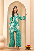 Vaasva Women Turquoise Cotton Cord Set With Printed Pants | Grocsy