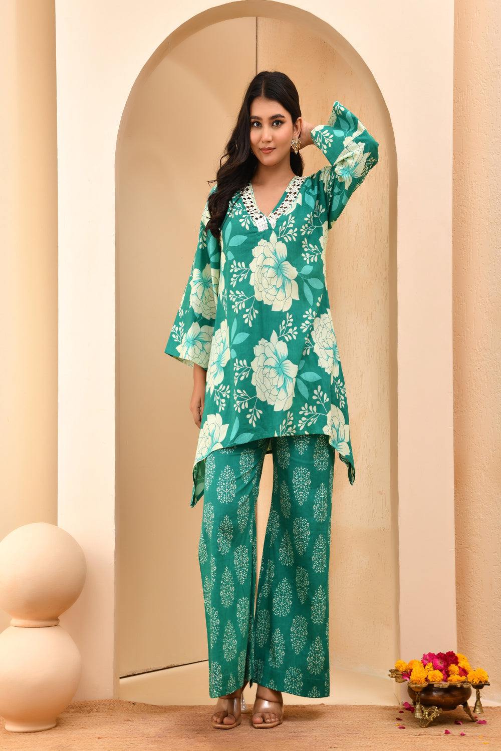 Vaasva Women Turquoise Cotton Cord Set With Printed Pants | Grocsy