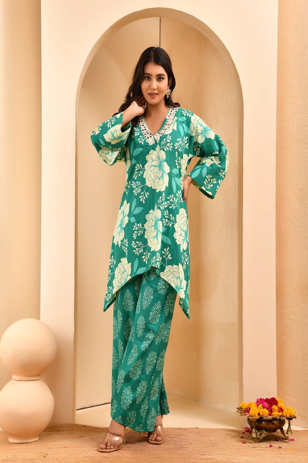Vaasva Women Turquoise Cotton Cord Set With Printed Pants | Grocsy