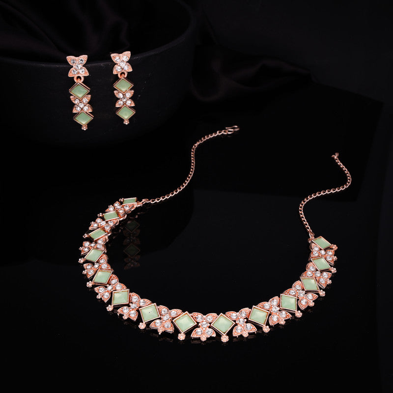 Tehzeeb Creations Rose Gold-Polished Sea Green Choker Necklace With Dangle Earrings | Grocsy