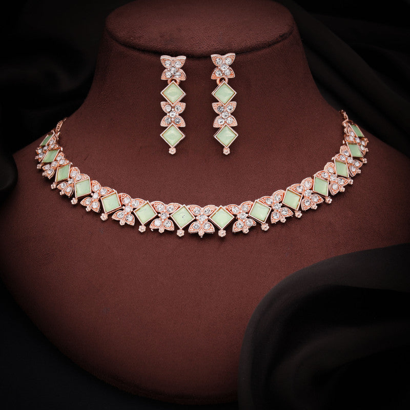 Tehzeeb Creations Rose Gold-Polished Sea Green Choker Necklace With Dangle Earrings | Grocsy