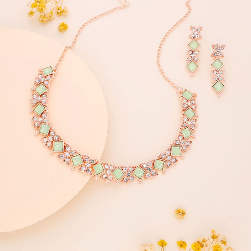 Tehzeeb Creations Rose Gold-Polished Sea Green Choker Necklace With Dangle Earrings | Grocsy