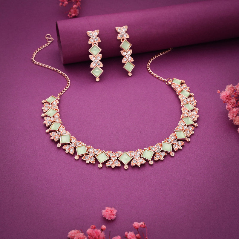 Tehzeeb Creations Rose Gold-Polished Sea Green Choker Necklace With Dangle Earrings | Grocsy