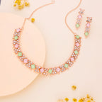 Tehzeeb Creations Rose Gold-Polished Sea Green & Baby Pink Choker Necklace With Dangle Earrings - Swadesiicart