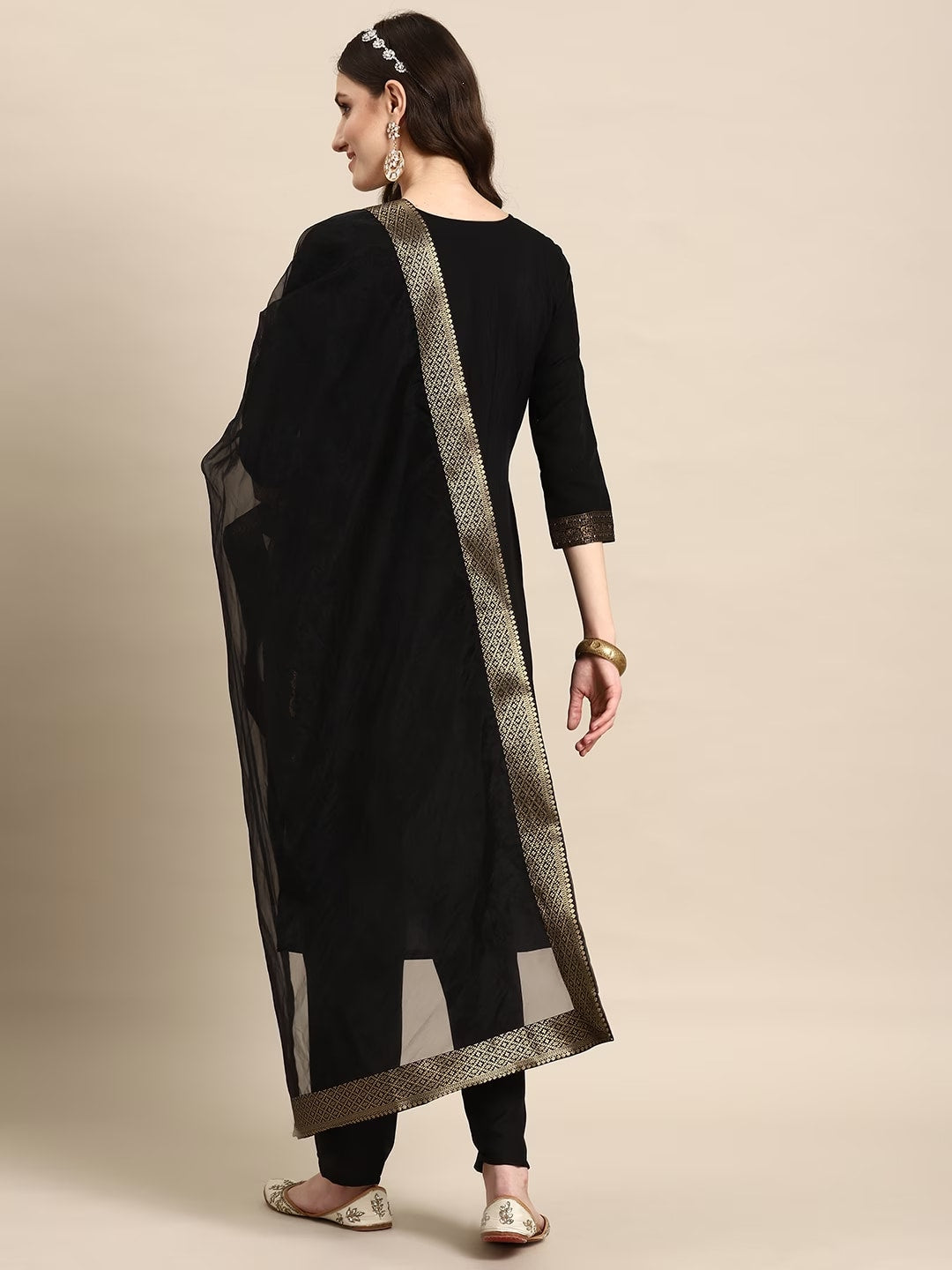 Sangria Women Black Floral Yoke Design Regular Kurta with Trousers & With Dupatta | Grocsy