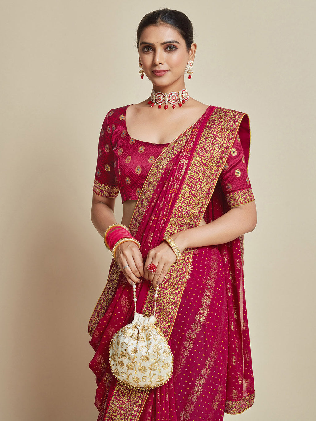 Sangria Pink Woven Design Zari Detail Poly Georgette Bandhani Saree | Grocsy