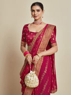 Sangria Pink Woven Design Zari Detail Poly Georgette Bandhani Saree | Grocsy