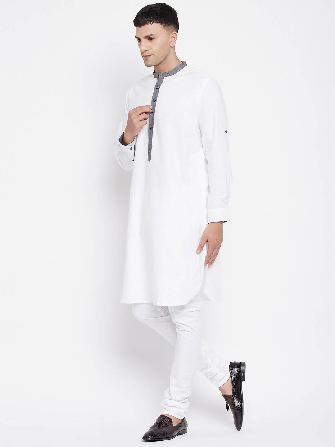 Even Apparels White Pure Cotton Men's Kurta With Contrast Collar And Placket | Grocsy